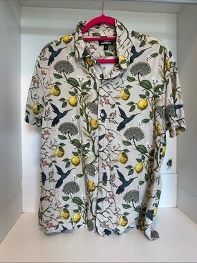 Express White Short-Sleeve Button-Down with Yellow Lemon & Navy Bird Print